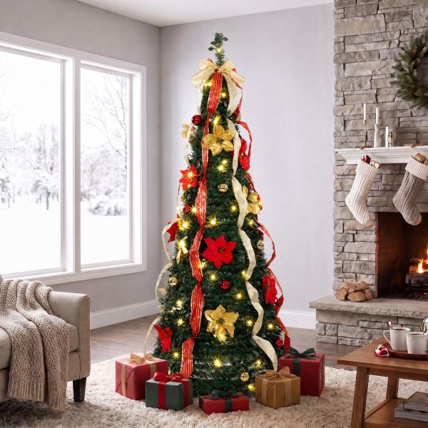 Árvore de Natal Desdobrável 180 cm com 100 Luzes LED, 11 Modos, Comando à Distância e Decoração Incluída, Verde