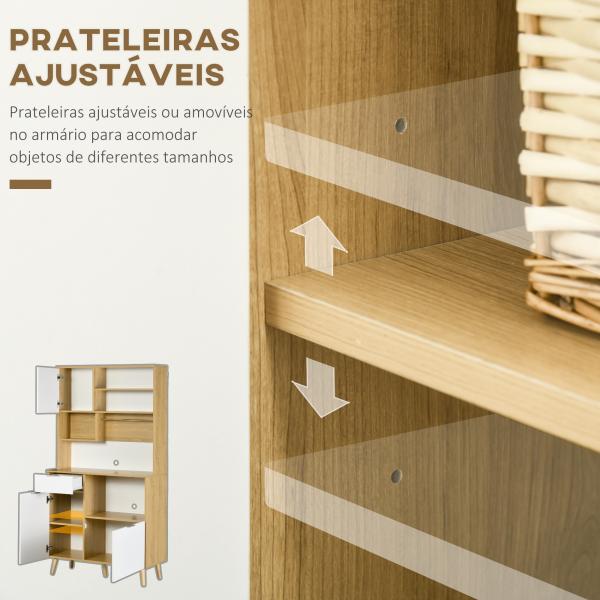 Armário de Cozinha com 3 Portas Gaveta Prateleira Ajustável Bancada para Micro - Ondas e Suporte para Panos 93x40x180 cm Madeira e Branco