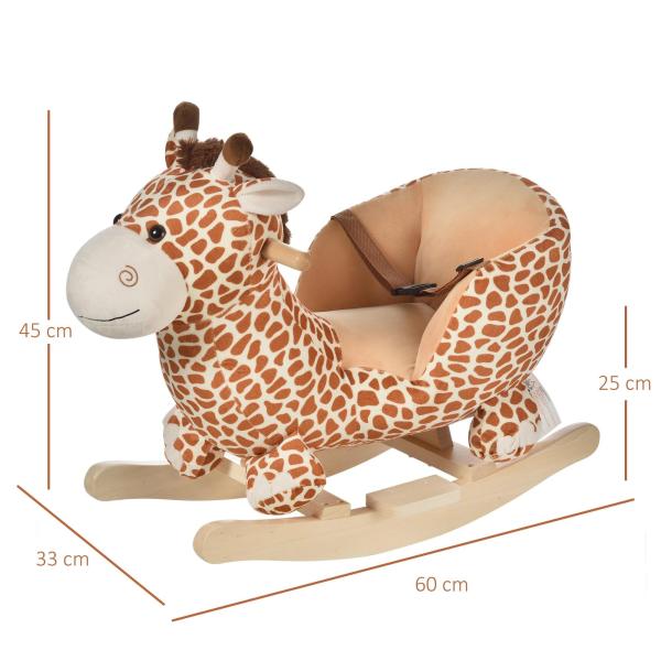 Baloiço para Crianças em Madeira com 32 Canções Cinturão de Segurança Girafa de Pelúcia 60x33x45 cm Marrom Claro