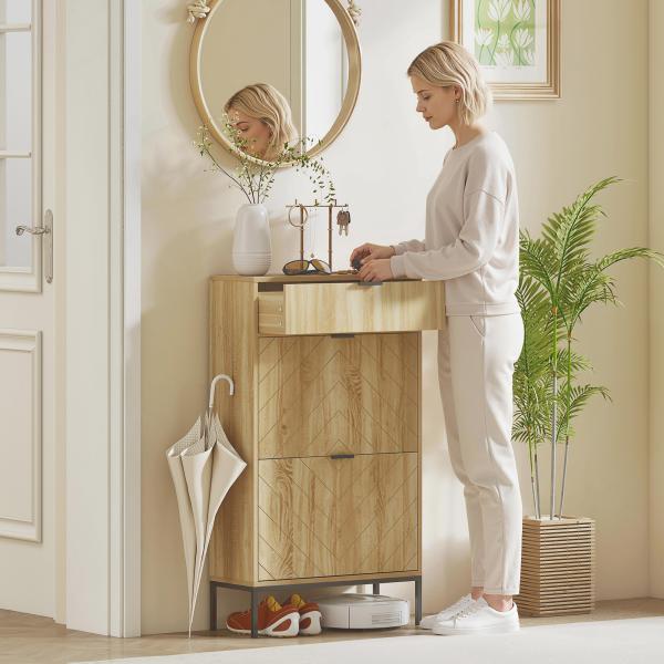 Sapateira Estreita com 2 Portas Gaveta e Prateleiras Ajustáveis para 8 Pares de Sapatos 60x24x105,5 cm Madeira