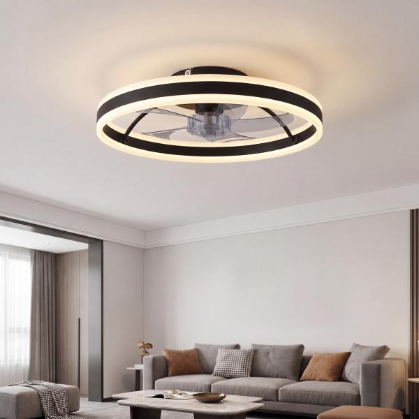 Ventoinha de Teto com Luz LED 6 Velocidades Motor Reversível e Comando Remoto Potência 45W Ø50x13,5 cm Preto