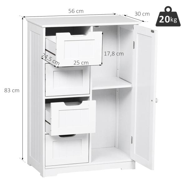 Armário Casa de Banho Móvel Auxiliar Organizador Moderno de Madeira com 1 Armário e Gavetas 56x30x83 cm Branco