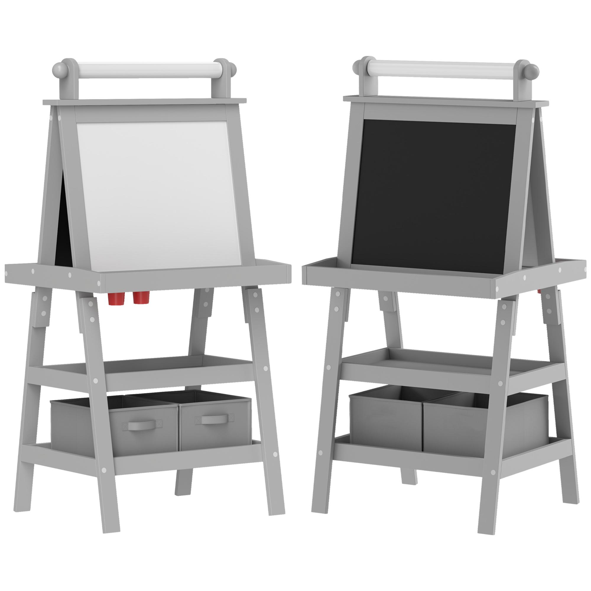 Cavalete de Pintura Infantil 3 em 1 Quadro Dupla Face com Rolo de Papel e Cestos de Arrumação Cinzento