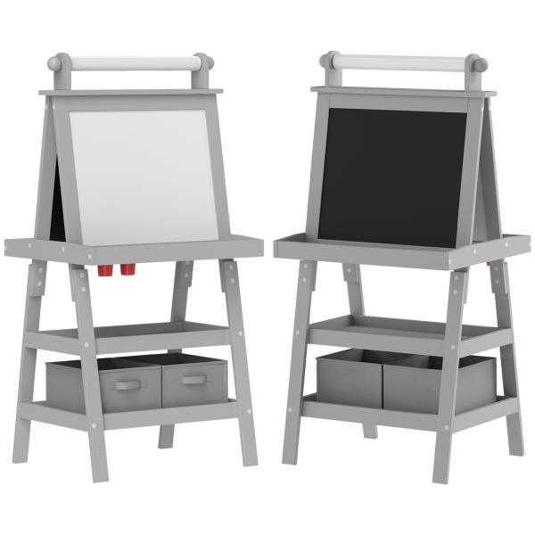 Cavalete de Pintura Infantil 3 em 1 Quadro Dupla Face com Rolo de Papel e Cestos de Arrumação Cinzento