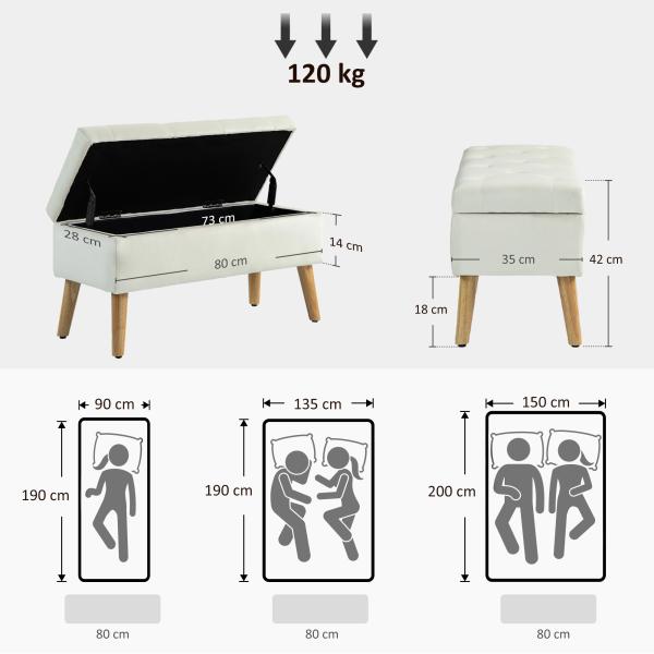 Pufe de Arrumação em Veludo com Tampa e Pés de Madeira para Sala, Quarto ou Entrada, 80x35x42 cm, Creme