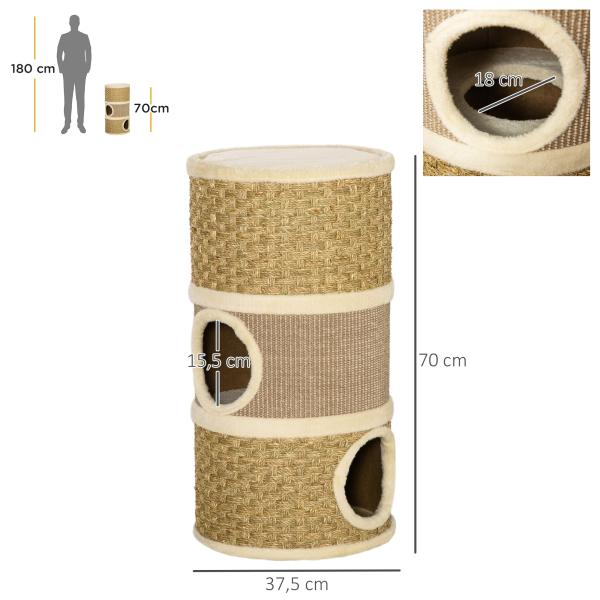 Arranhador em Forma de Cilindro para Gatos com 3 Níveis Plataforma e Caverna Confortável 37,5x37,5x70 cm Marrom Claro e Bege