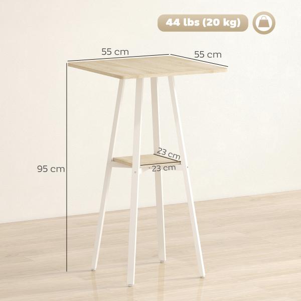 Mesa Alta de Cozinha Quadrada com Prateleira Mesa Alta de Bar para 2 Pessoas Pernas de Metal 55x55x95 cm Madeira e Branco