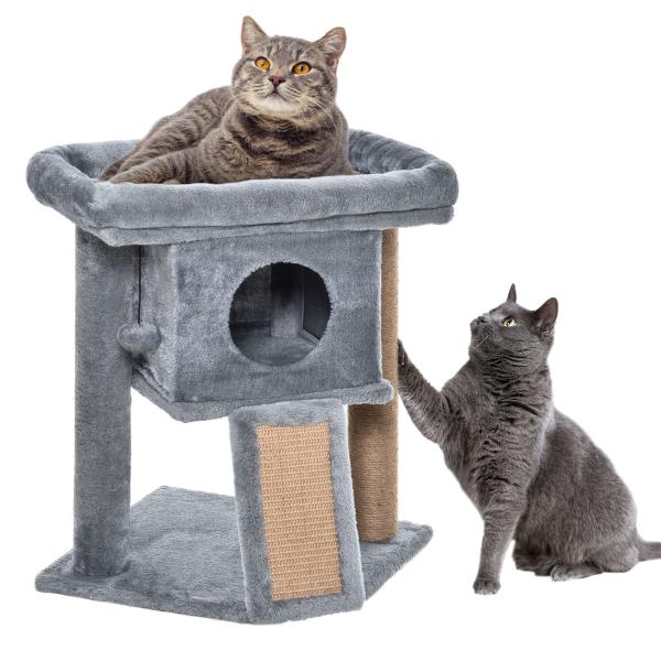 Arranhador para Gatos Pequenos Arranhador para Gatos com Poste de Juta Rampa Caverna e Bola Suspensa 40x40x57 cm Cinza