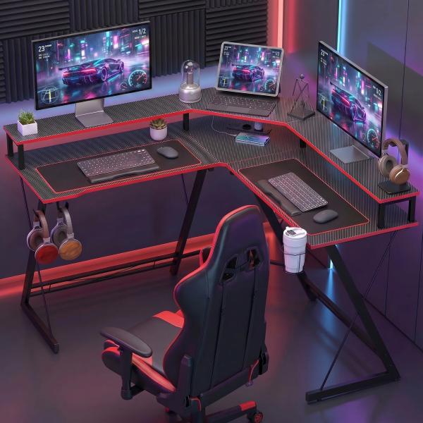 Secretária de Canto com Tomadas em Forma de L 128x128 cm com Suporte para Monitor Gancho e Suporte para Copos Preta