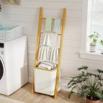 Estante para Casa de Banho de Bambu com 3 Barras e Cesto para Roupa Suja Removível de 48 L 43x35x133 cm Creme e Madeira