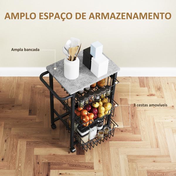 Fruteira para Cozinha Carrinho de Cozinha com 3 Cestas e Estrutura de Aço 49,5x31x69 cm Cinza Claro