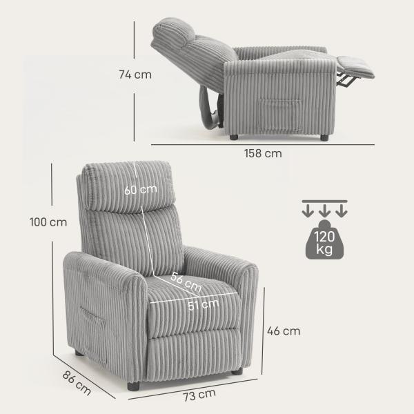 Poltrona Relax Reclinável Manual Estofada em Veludo com Apoio para Pés 73x86x100 cm Cinzento