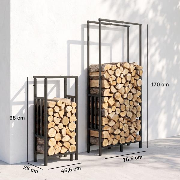 Lenheiro Exterior em Aço Resistente para Lenha com Largura e Altura Ajustáveis, Carga 100 kg, 45,5 - 75,5x25x98 - 170 cm, Preto