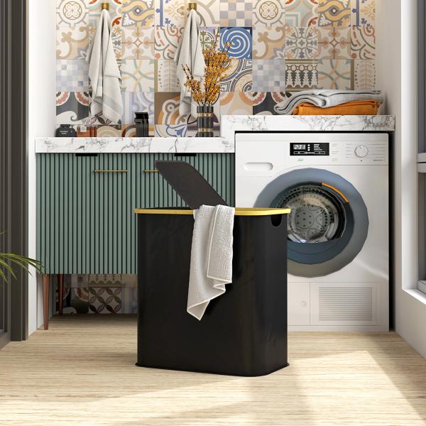 Cesto para Roupa Suja Dobrável com Tampa 80 L em Tecido não Tecido, 2 Compartimentos, Preto