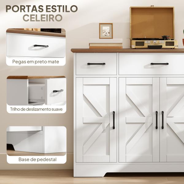Aparador de Cozinha Rústico 4 Prateleiras de Porta Prateleiras Ajustáveis 3 Gavetas 120x38x87 cm Branco e Nogueira