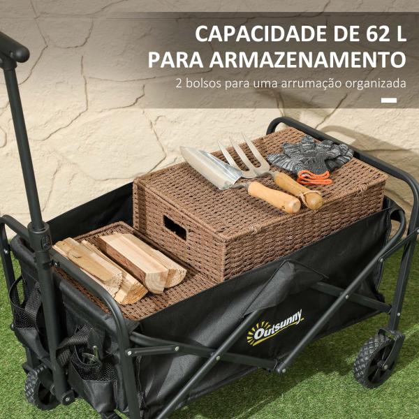 Carrinho de Transporte com Rodas Carrinho de Jardim Dobrável com Pega Telescópica Ajustável 2 Bolsas de Arrumação 64x42x27 cm Preto