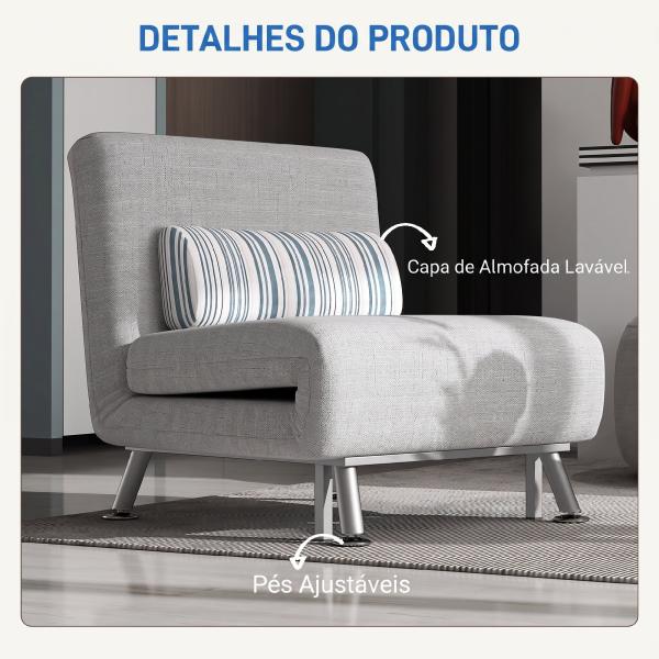 Sofá - Cama Individual Dobrável com Encosto Ajustável 5 Posições, Almofada e Revestimento em Linho Sintético, 75x70x75 cm, Cinzento