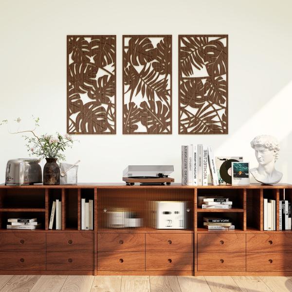 Decoração de Parede em Madeira 3D 3 Peças 40x80 cm Adornos de Parede com Padrão de Folhas Tropicais Nogueira