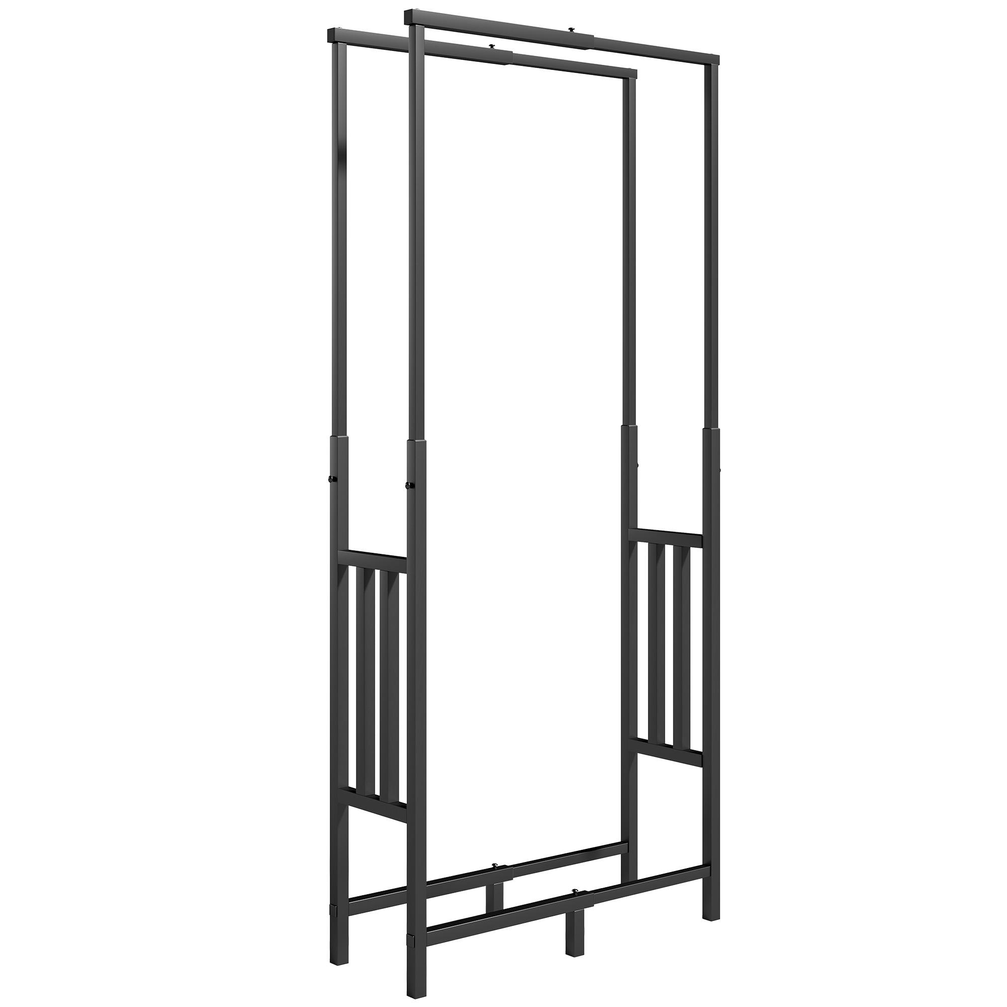 Lenheiro Exterior em Aço Resistente para Lenha com Largura e Altura Ajustáveis, Carga 100 kg, 45,5 - 75,5x25x98 - 170 cm, Preto