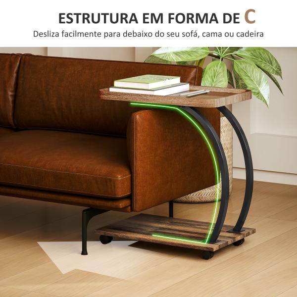 Mesa Auxiliar em Forma de C com Rodas para Sofá com Prateleiras Estrutura de Aço 52x34x60 cm Madeira e Preto