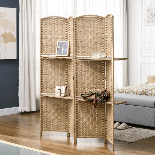 Biombo de 4 Painéis 160x170 cm Separador de Ambientes Dobrável com 2 Prateleiras de Exibição para Escritório Quarto Natural