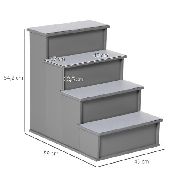 Escada para Animais de Estimação de 4 Degraus Escada para Cães e Gatos com Tapetes Antideslizantes Removíveis 40x59x54,2 cm Cinza