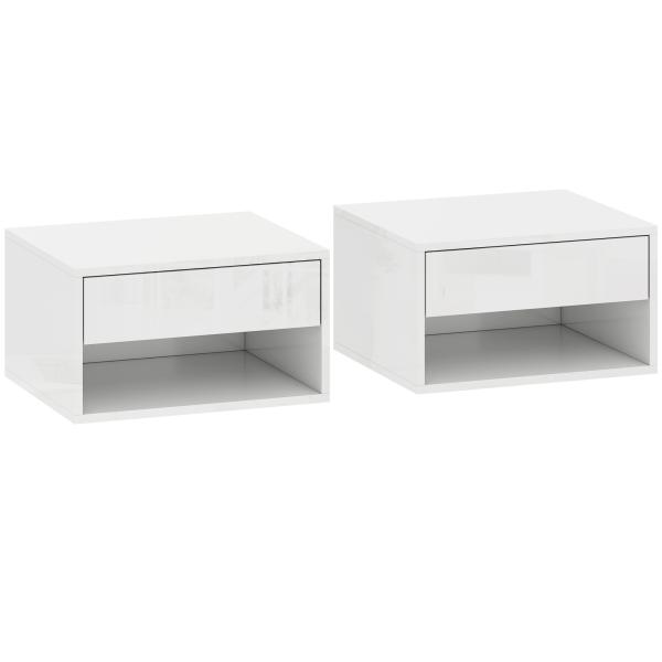 Conjunto de Mesas de Cabeceira Suspensas com Gaveta e Prateleira Aberta 37x32x21 cm Branco Brilhante