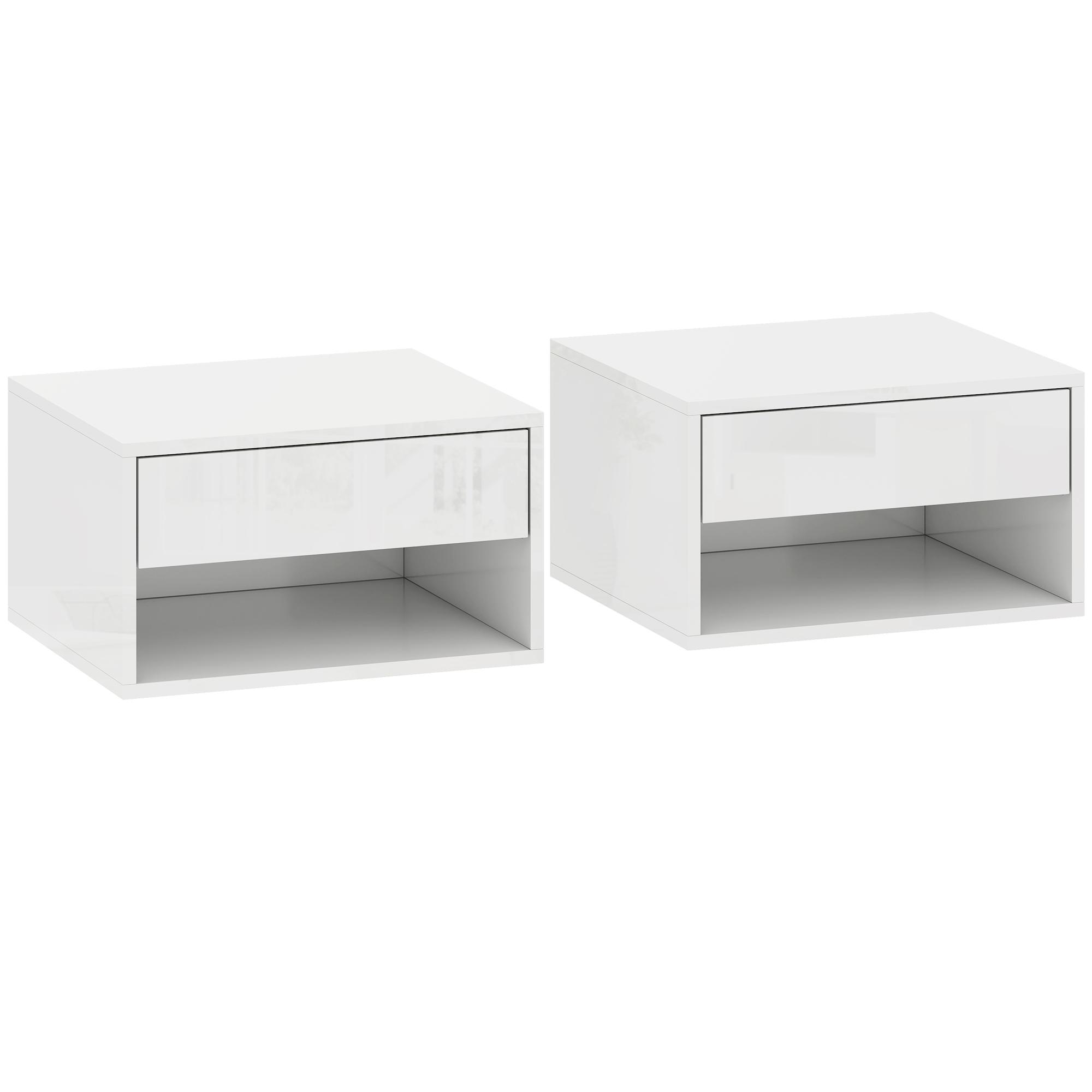 Conjunto de Mesas de Cabeceira Suspensas com Gaveta e Prateleira Aberta 37x32x21 cm Branco Brilhante