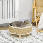 Cama Elevada para Gatos Cama para Cães Miniatura com Almofada Lavável Corda de Seagrass Estrutura de Madeira Ø48x24,5 cm Bege