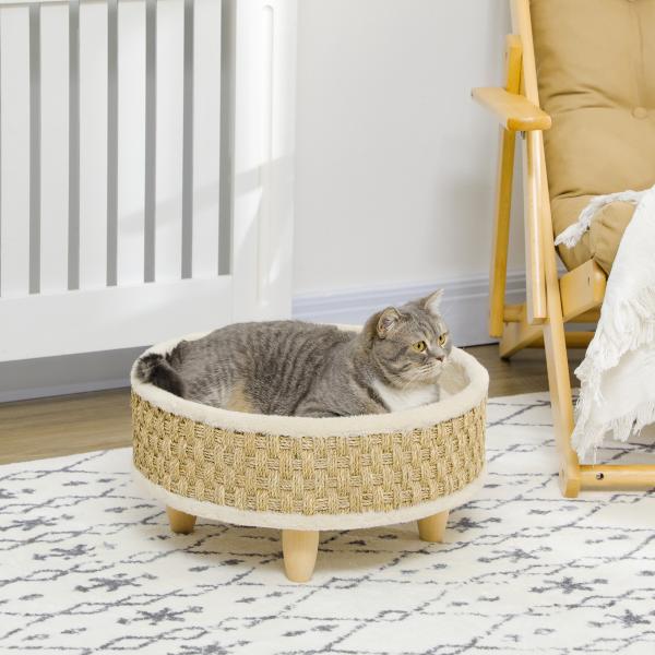 Cama Elevada para Gatos Cama para Cães Miniatura com Almofada Lavável Corda de Seagrass Estrutura de Madeira Ø48x24,5 cm Bege