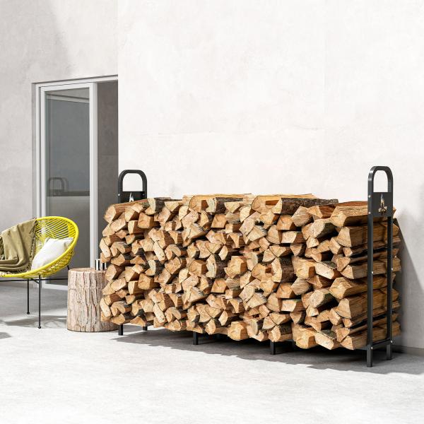 Suporte Metálico para Lenha 199x30x121 cm Suporte para Lenha de Exterior com Estrutura de Aço Pés Extra Preto