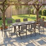 Conjunto de Mesa e Cadeiras de Jardim com Mesa Extensível Estrutura de Alumínio 8 Cadeiras e Tampo de Ripas de Madeira Plástica