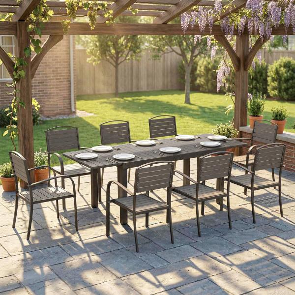 Conjunto de Mesa e Cadeiras de Jardim com Mesa Extensível Estrutura de Alumínio 8 Cadeiras e Tampo de Ripas de Madeira Plástica