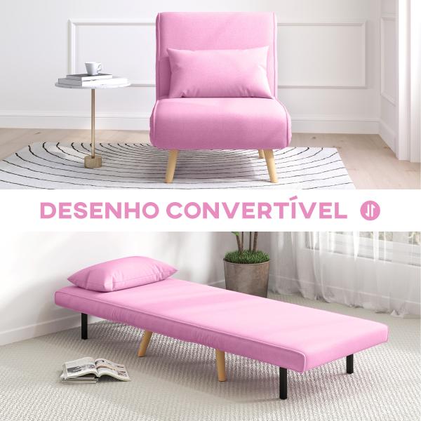 Sofá - Cama Individual Dobrável com Encosto Ajustável 5 Posições Cadeirão - Cama Estofado com Almofada 72x75x85 cm Rosa