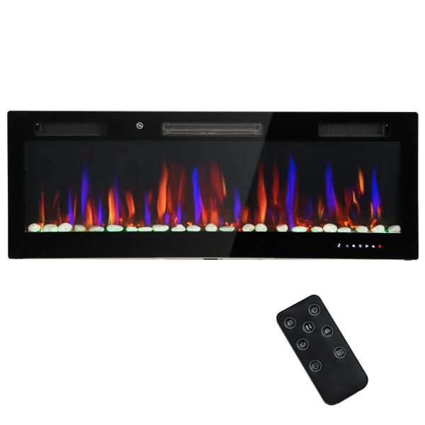 Lareira Elétrica Ultrafina de Parede e Embutir com Chama 3D Brilho/Velocidade Ajustável 12 Cores Pedras 900/1800W 127x9,4x47 cm Preto