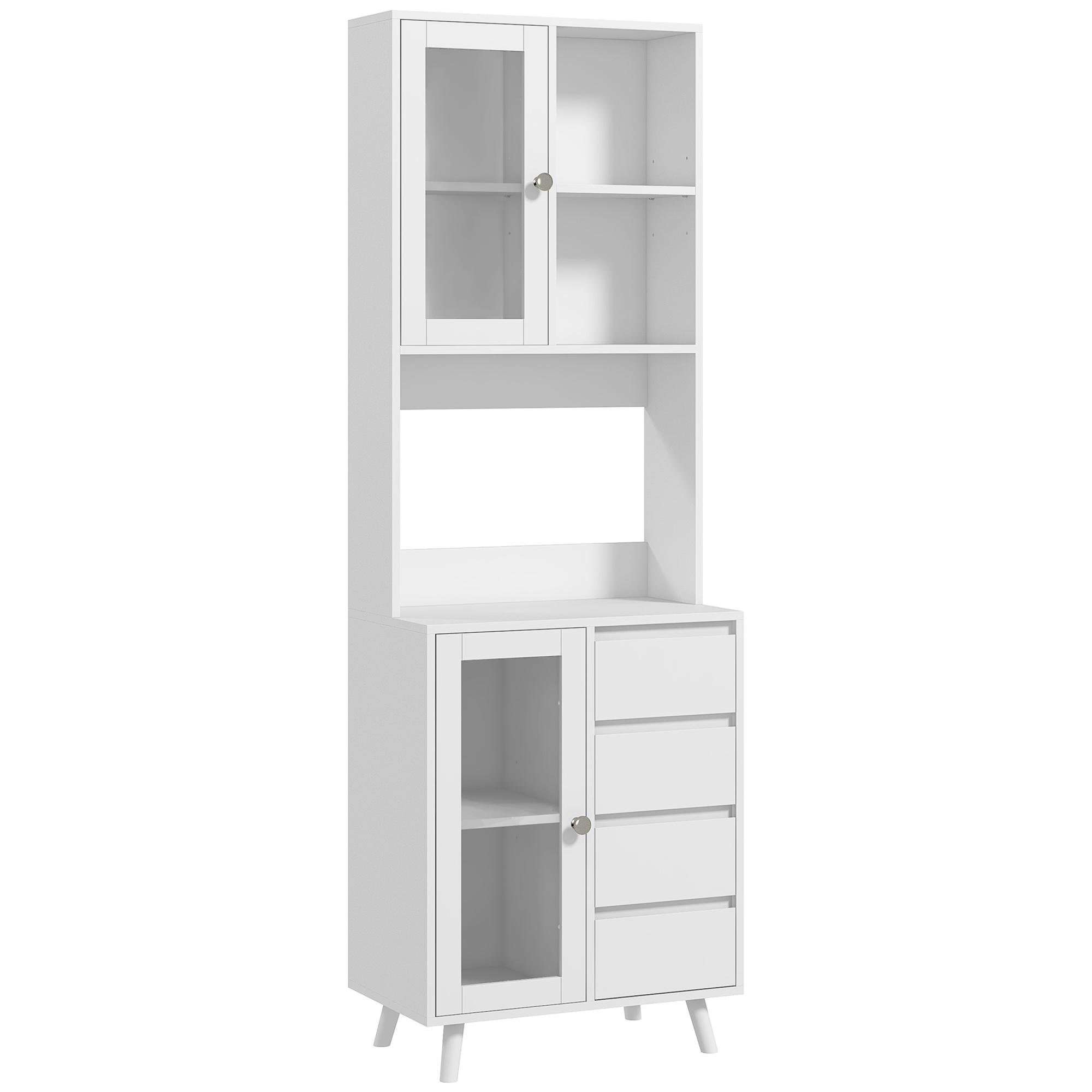 Armário de Cozinha com 2 Armários com Portas de Vidro Temperado 2 Compartimentos Abertos 4 Gavetas e Prateleiras Ajustáveis 60x35x180 cm Branco