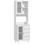 Armário de Cozinha com 2 Armários com Portas de Vidro Temperado 2 Compartimentos Abertos 4 Gavetas e Prateleiras Ajustáveis 60x35x180 cm Branco