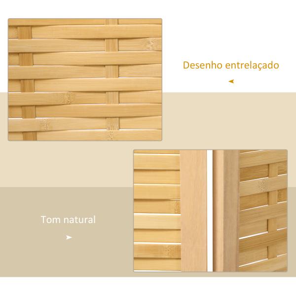 Biombo de 3 Paineis Separador de Ambientes Dobrável 120x1,8x170 cm Divisor de Ambientes com Padrão Tecido em Bambu Madeira