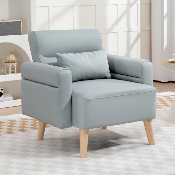 Poltrona Moderna Estofada em Couro Sintético com Apoios de Braço Acolchoados e Pés em Madeira 77x78x78 cm Cinzento