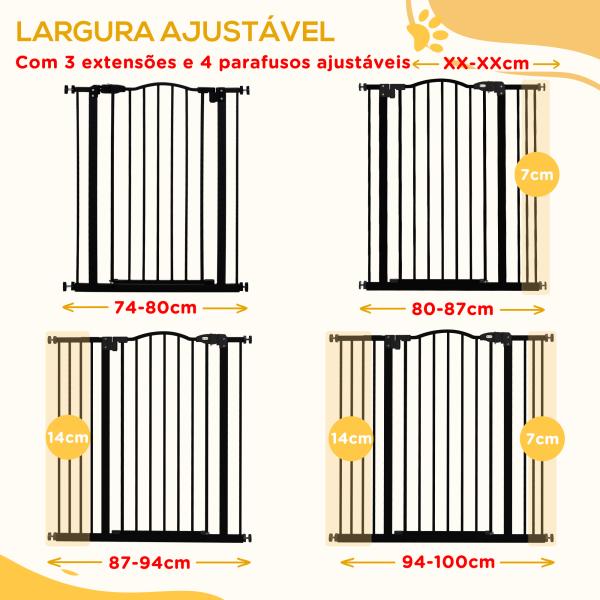 Barreira de Segurança para Cães com Largura Ajustável 74 - 100 cm e Extensões para Escadas e Portas Preto
