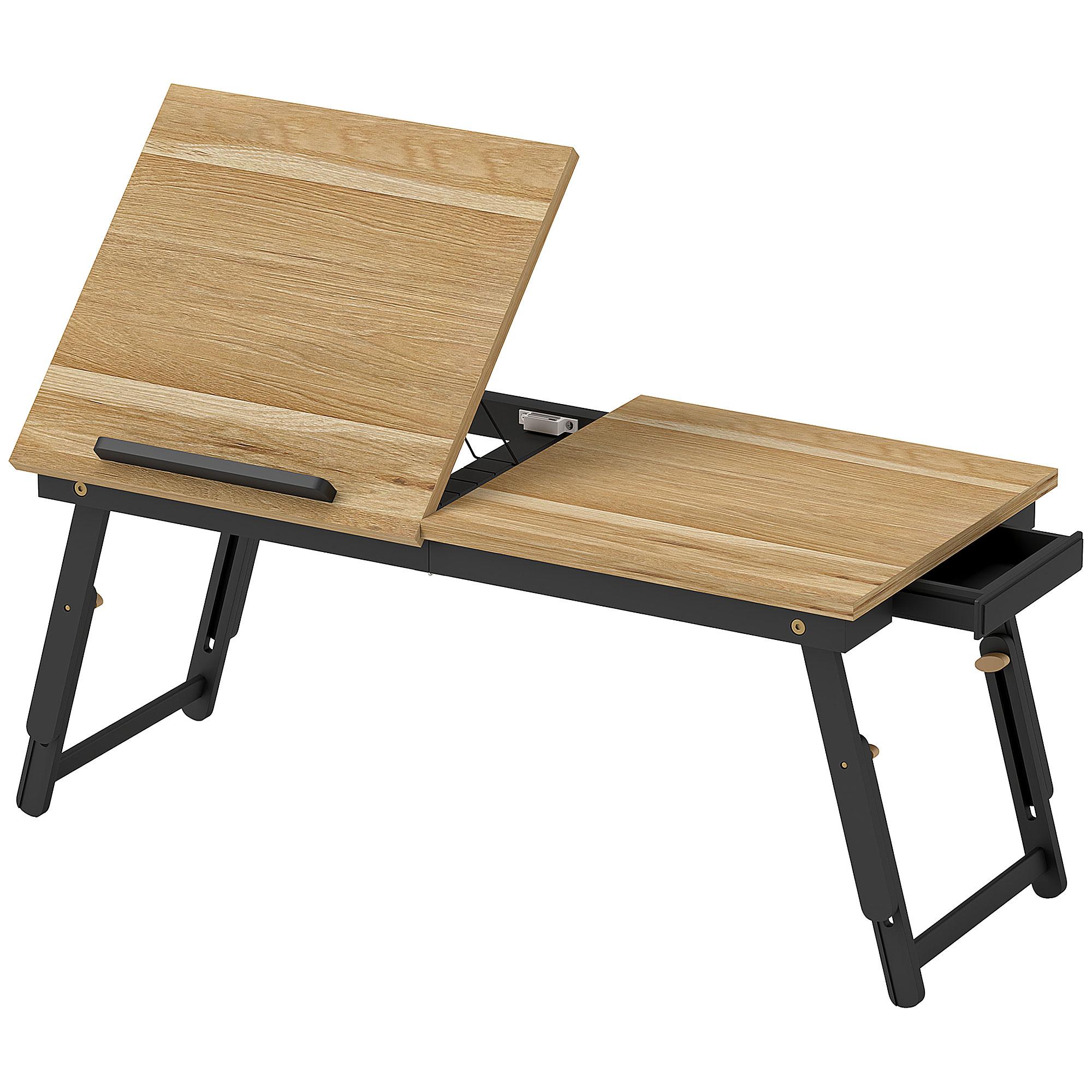 Mesa Reclinável para Cama e Sofá, Bandeja Dobrável com Gaveta Lateral para Portátil e Livros, 5 Alturas, Carvalho