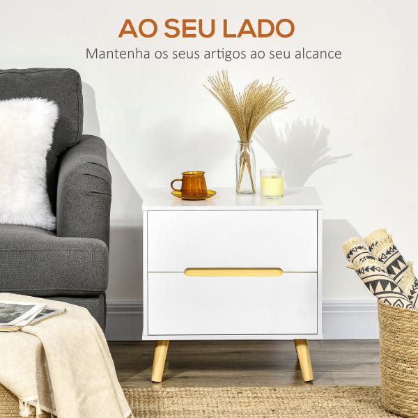 Mesa de Cabeceira com 2 Gavetas e Pés de Madeira Mesa de Cabeceira para Dormitório Estilo Moderno 50x40x50,5cm Branco