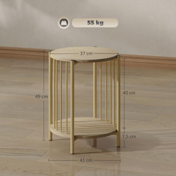 Mesa Lateral Redonda de 2 Níveis com Prateleira de Armazenamento e Estrutura de Aço para Sala e Quarto Ø41x49 cm Madeira