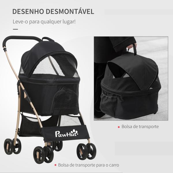 Carrinho para Animais de Estimação 3 em 1 Dobrável com Bolsa de Transporte Cesta de Armazenamento e Travão 82x49,5x98cm Preto
