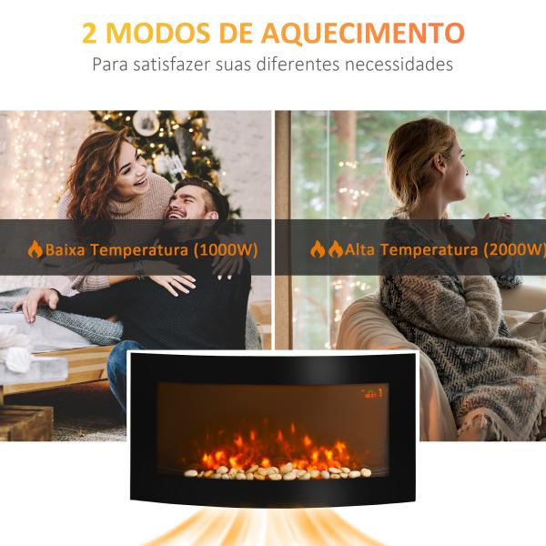 Lareira Elétrica de Parede com Efeito de Chama Realista Luzes LED e Potência Ajustável 1000W/2000W 89,2x13,5x48cm Preto