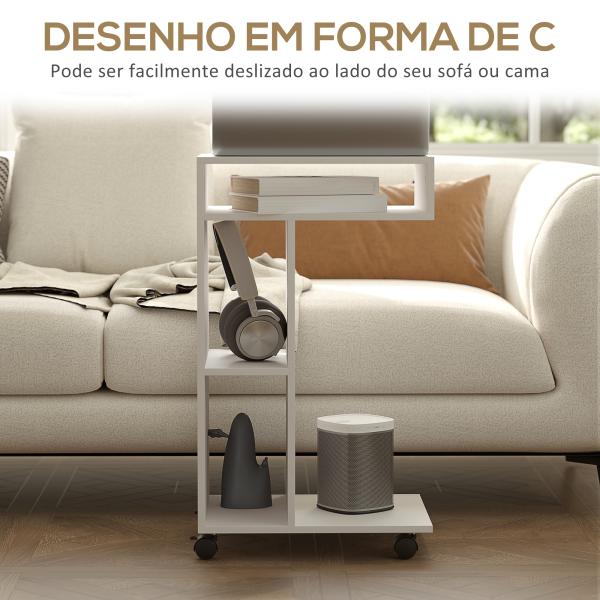 Mesa Auxiliar em Forma de C Mesa Auxiliar para Sofá com Rodas Compartimentos Abertos 40x30x69 cm Branco