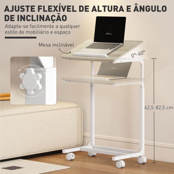 Mesa Auxiliar com Rodas Altura Ajustável Superfície Inclinável e Estrutura de Metal 55x36x62,5 - 82,5 cm Madeira