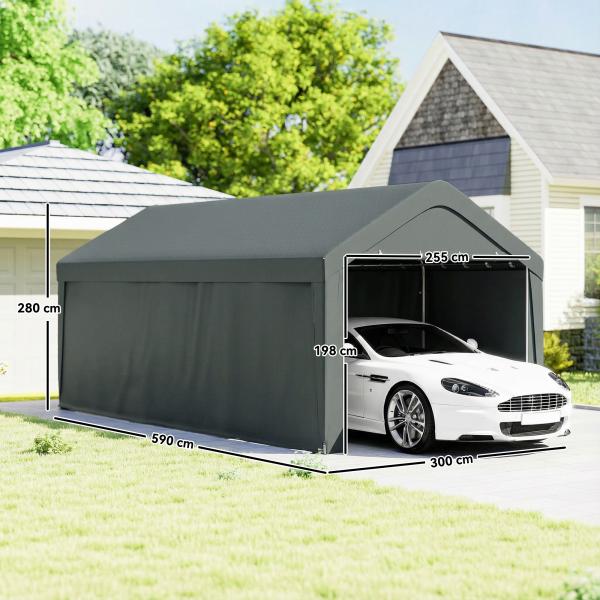Abrigo de Exterior 590x300x280 cm Garagem de Exterior para Carros Anti UV com Paredes Laterais Desmontáveis e 2 Portas Cinza Escuro