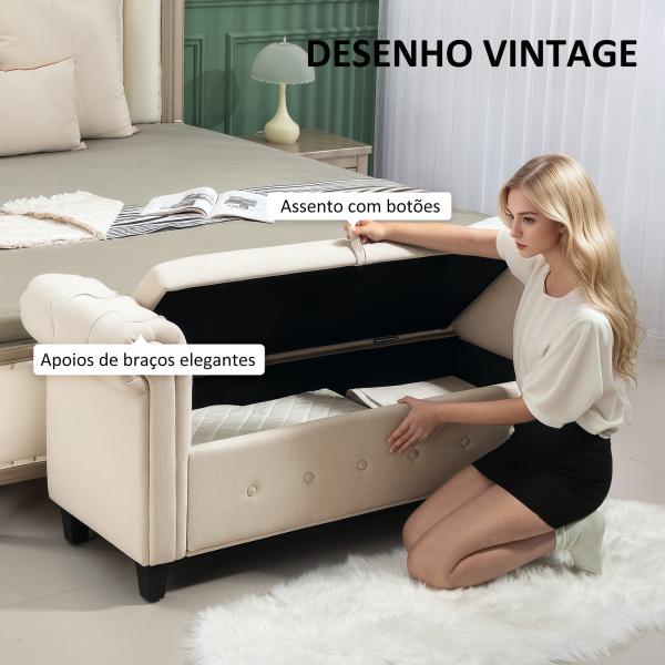 Banco de Pé de Cama de Linho com Dobradiças na Tampa Pés de Madeira e Apoio para os Braços 146,5x49x74,5 cm Bege