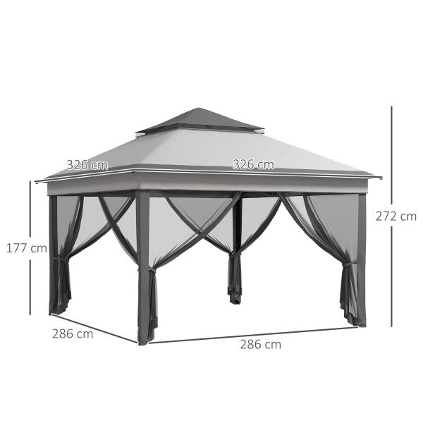 Tenda Dobrável 3,26x3,26x2,72 m com Altura Ajustável 4 Painéis de Malha Proteção UV30+ e Bolsa de Transporte Cinza